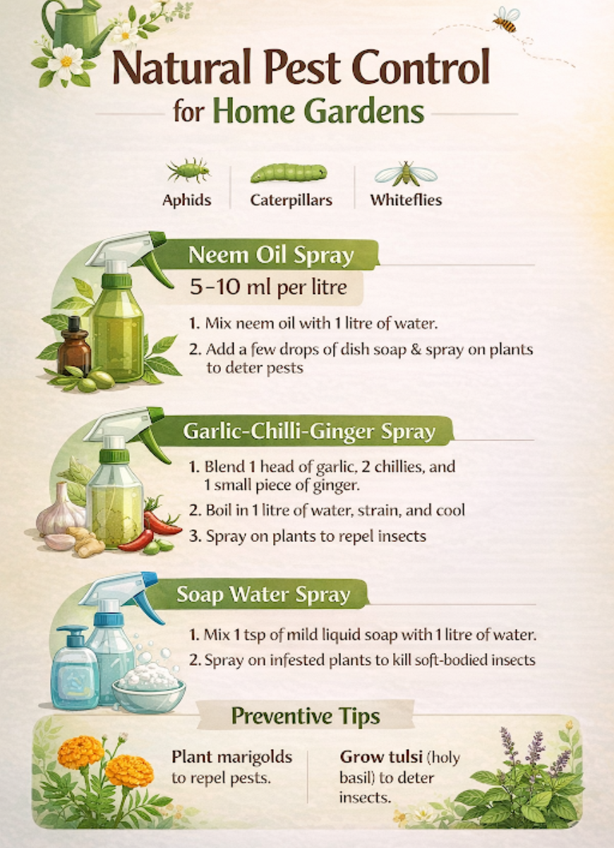 Natural pest control methods for Indian home gardens, including neem oil spray, garlic-chilli-ginger spray, and soap water solution with dosage instructions.